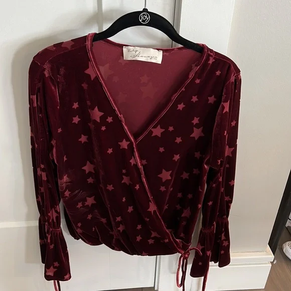 Vintage Havana Maroon Velvet Star Burnout Long Bell Sleeve Wrap Blouse Medium - Picture 2 of 6